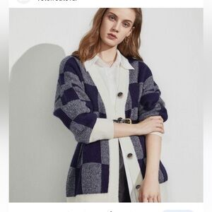 J.INC Molie checkerboard navy blue ivory white wool cardigan size small medium